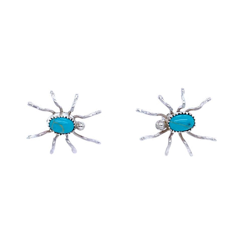 Image of Native American Earrings - Navajo Spider Turquoise Sterling Silver Stud Earrings - A. Spencer - Native American