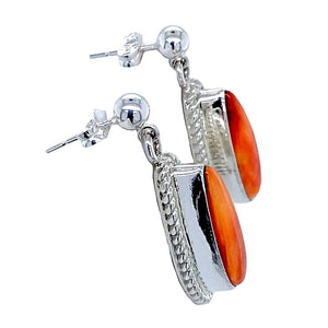 Native American Earrings - Navajo Spiny Oyster Sterling Silver Post Dangle Earrings - Native American