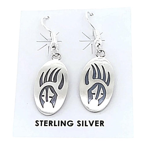 Image of Native American Earrings - Navajo Stamped Bear Paw Sterling Silver Dangle Earrings