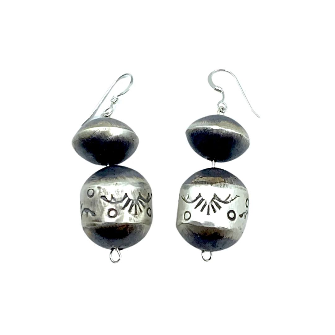 Native American Earrings - Navajo Stamped Sterling Silver Beaded Dangle Earrings - Native American