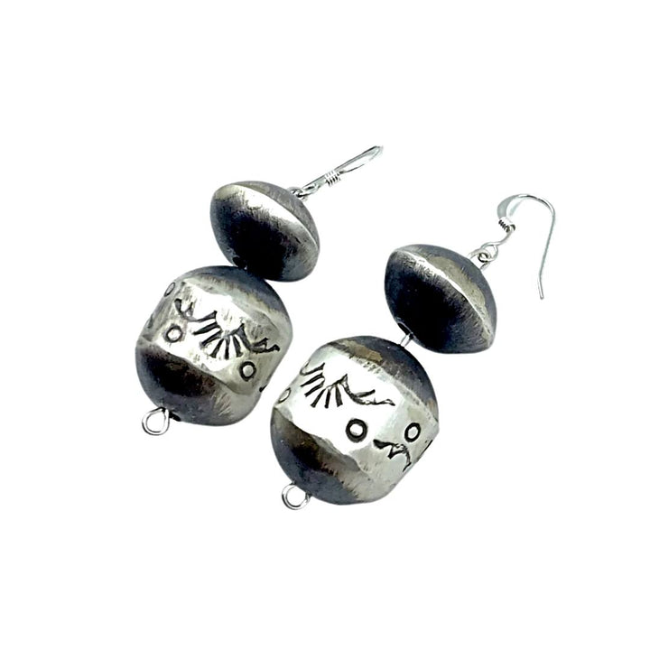 Native American Earrings - Navajo Stamped Sterling Silver Beaded Dangle Earrings - Native American