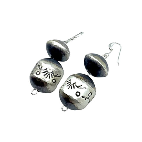 Image of Native American Earrings - Navajo Stamped Sterling Silver Beaded Dangle Earrings - Native American