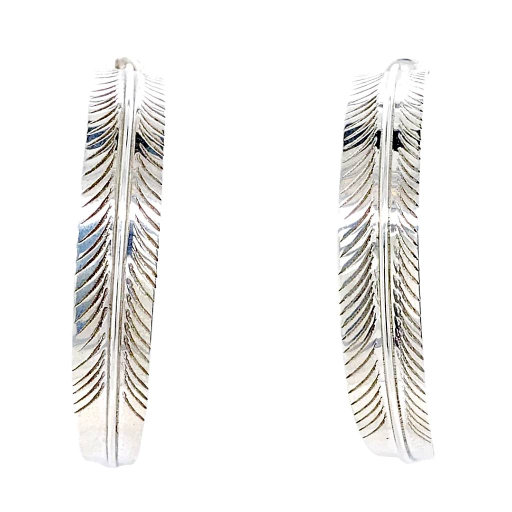 Native American Earrings - Navajo Sterling Feather Hoop Earrings - Aaron Davis