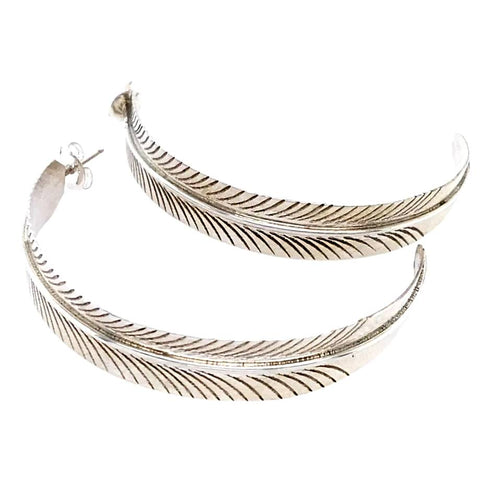 Image of Native American Earrings - Navajo Sterling Feather Hoop Earrings - Aaron Davis