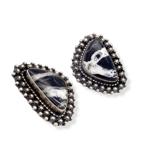 Image of Native American Earrings - Navajo Sterling Silver Drop White Buffalo Earrings