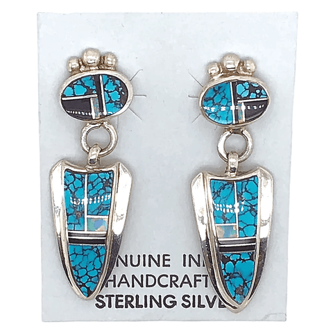 Image of Native American Earrings - Navajo Turquoise, Created Opal, And Onyx Arrowhead Sterling Silver Earrings