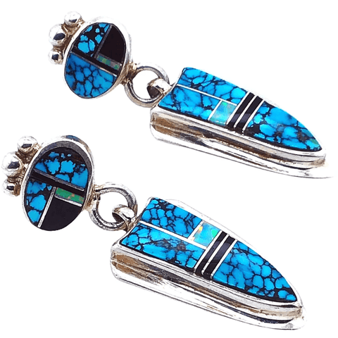 Image of Native American Earrings - Navajo Turquoise, Created Opal, And Onyx Arrowhead Sterling Silver Earrings