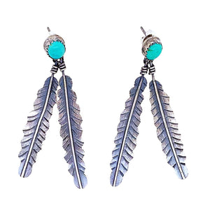 Native American Earrings - Navajo Turquoise Double Feather Sterling Silver Dangle Earrings