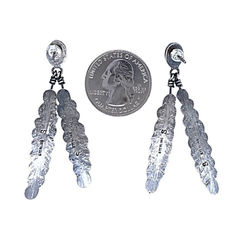 Image of Native American Earrings - Navajo Turquoise Double Feather Sterling Silver Dangle Earrings