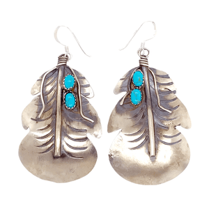 Native American Earrings - Navajo  Turquoise Enlarged Feather Earrings