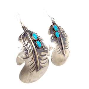 Native American Earrings - Navajo  Turquoise Enlarged Feather Earrings