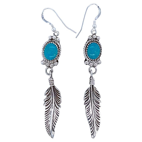 Image of Native American Earrings - Navajo Turquoise Feather Sterling Silver Dangle Earrings - George Begay