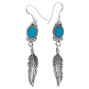 Native American Earrings - Navajo Turquoise Feather Sterling Silver Dangle Earrings - George Begay