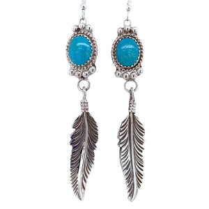 Native American Earrings - Navajo Turquoise Feather Sterling Silver Dangle Earrings - George Begay