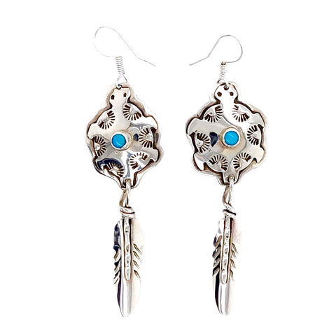 Image of Native American Earrings - Navajo Turquoise Hand Stamped Sterling Silver Turtle Feather Earrings