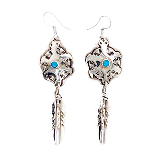 Native American Earrings - Navajo Turquoise Hand Stamped Sterling Silver Turtle Feather Earrings