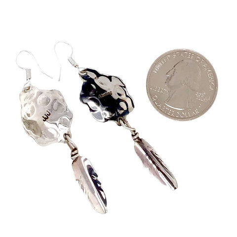 Image of Native American Earrings - Navajo Turquoise Hand Stamped Sterling Silver Turtle Feather Earrings