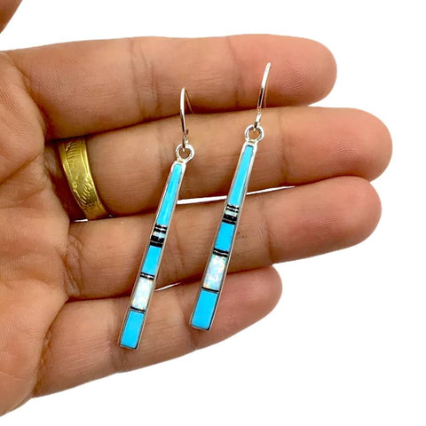 Image of Native American Earrings - Navajo Turquoise, Jet & Created Opal Dangle French Hook Earrings- Rick Tolino - Native American