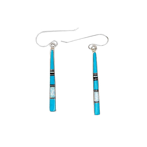 Image of Native American Earrings - Navajo Turquoise, Jet & Created Opal Dangle French Hook Earrings- Rick Tolino - Native American