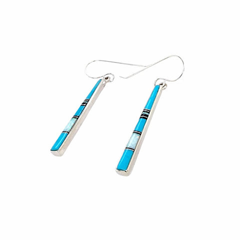 Image of Native American Earrings - Navajo Turquoise, Jet & Created Opal Dangle French Hook Earrings- Rick Tolino - Native American