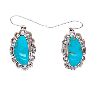 Native American Earrings - Navajo Turquoise Mountain Oblong Sterling Silver Embellished Earrings