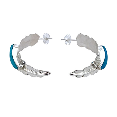 Image of Native American Earrings - Navajo Turquoise Sterling Silver Feather Hoop Earrings - Barney - Native American