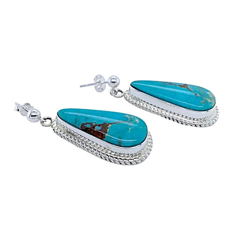 Image of Native American Earrings - Navajo Turquoise Sterling Silver Teardrop Dangle Post Earrings - Native American