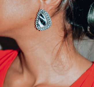 Native American Earrings - Navajo White Buffalo Stamped Silver Drop Triangle Earrings - Spencer - Native American