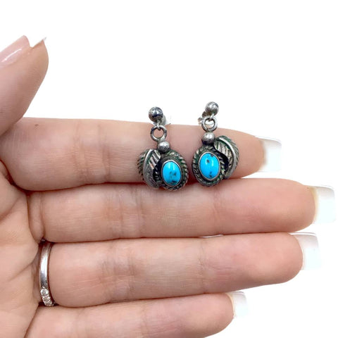 Image of Native American Earrings - Old Pawn Sleeping Beauty Turquoise Feather Sterling Silver Dangle Post Earrings - Native American