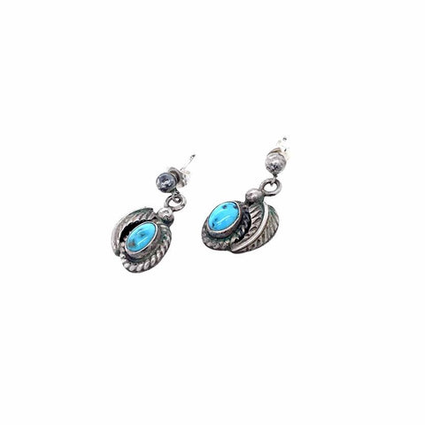 Image of Native American Earrings - Old Pawn Sleeping Beauty Turquoise Feather Sterling Silver Dangle Post Earrings - Native American