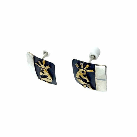 Image of Native American Earrings - Original Tommy Singer 12K Gold Fill Kokopelli Engraved Sterling Silver Post Earrings - Navajo - Native American