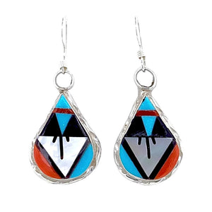 Native American Earrings - Stunning Traditional Zuni Inlay Sterling Dangle Earrings