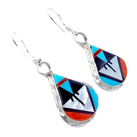 Image of Native American Earrings - Stunning Traditional Zuni Inlay Sterling Dangle Earrings