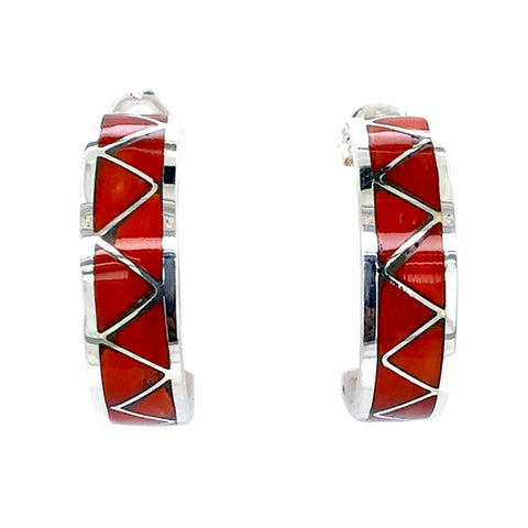 Image of Native American Earrings - Zuni Coral Sterling Silver Hoop Earrings