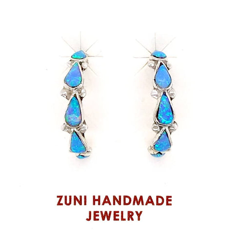 Image of Native American Earrings - Zuni Created Opal Teardrop Sterling Hoop Earrings