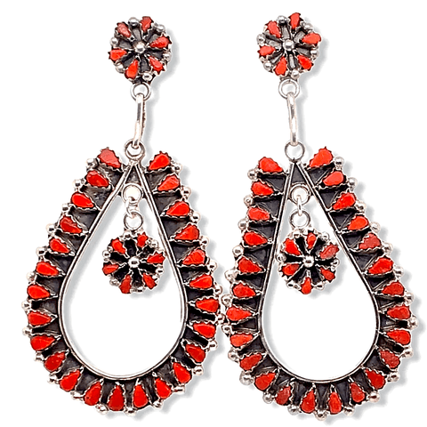 Image of Native American Earrings - Zuni Dangle Teardrop Coral Flower Earrings