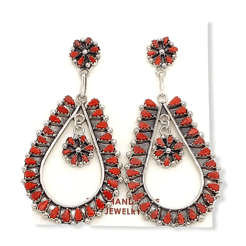 Image of Native American Earrings - Zuni Dangle Teardrop Coral Flower Earrings