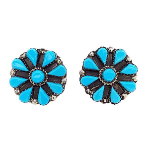 Native American Earrings - Zuni Flower Cluster Sleeping Beauty Turquoise Sterling Stud Earrings - Veronica Martza