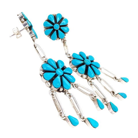 Image of Native American Earrings - Zuni Flower Clusters Sleeping Beauty Turquoise Sterling Dangle Earrings