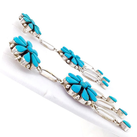 Image of Native American Earrings - Zuni Flower Clusters Sleeping Beauty Turquoise Sterling Dangle Earrings
