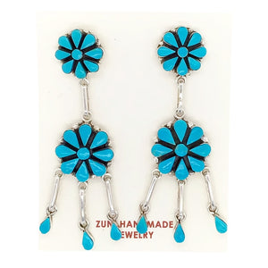 Native American Earrings - Zuni Flower Clusters Sleeping Beauty Turquoise Sterling Dangle Earrings