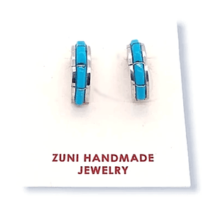 Native American Earrings - Zuni Half Hoop Sleeping Beauty Turquoise Inlay  Post Earrings