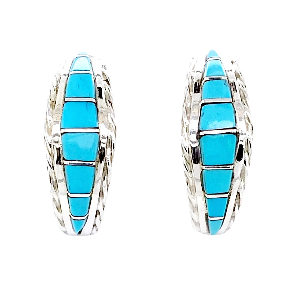 Native American Earrings - Zuni Inlaid Sleeping Beauty Turquoise Sterling Hoop Earrings