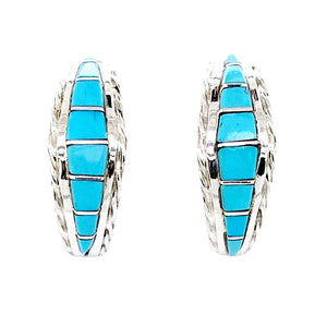 Native American Earrings - Zuni Inlaid Sleeping Beauty Turquoise Sterling Hoop Earrings
