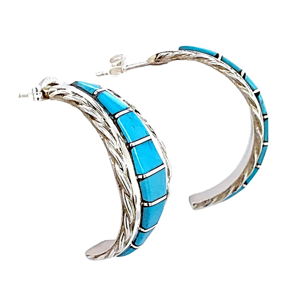 Native American Earrings - Zuni Inlaid Sleeping Beauty Turquoise Sterling Hoop Earrings