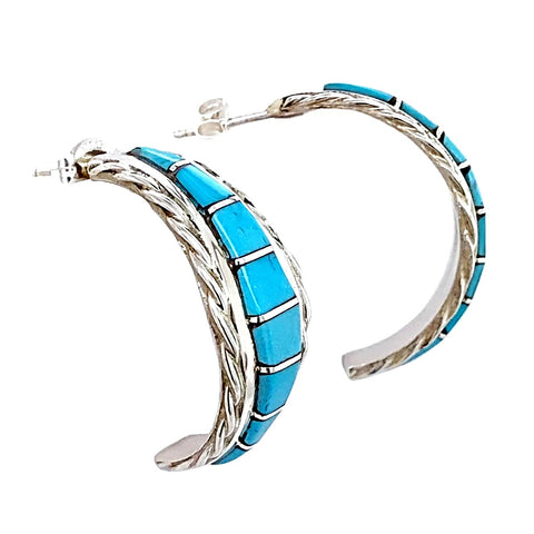 Image of Native American Earrings - Zuni Inlaid Sleeping Beauty Turquoise Sterling Hoop Earrings