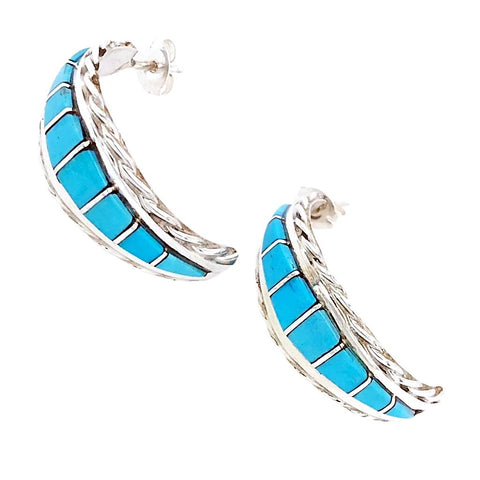 Image of Native American Earrings - Zuni Inlaid Sleeping Beauty Turquoise Sterling Hoop Earrings
