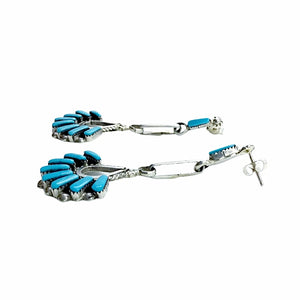 Native American Earrings - Zuni Large Needle Point Sleeping Beauty Turquoise Sterling Silver Dangle Earrings -  Native American