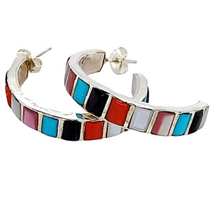 Native American Earrings - Zuni Medium Multi-Stone Sterling Silver Hoop Earrings
