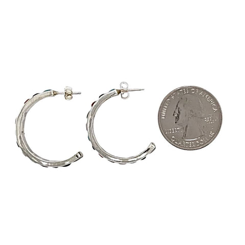 Image of Native American Earrings - Zuni Medium Multi-Stone Sterling Silver Hoop Earrings